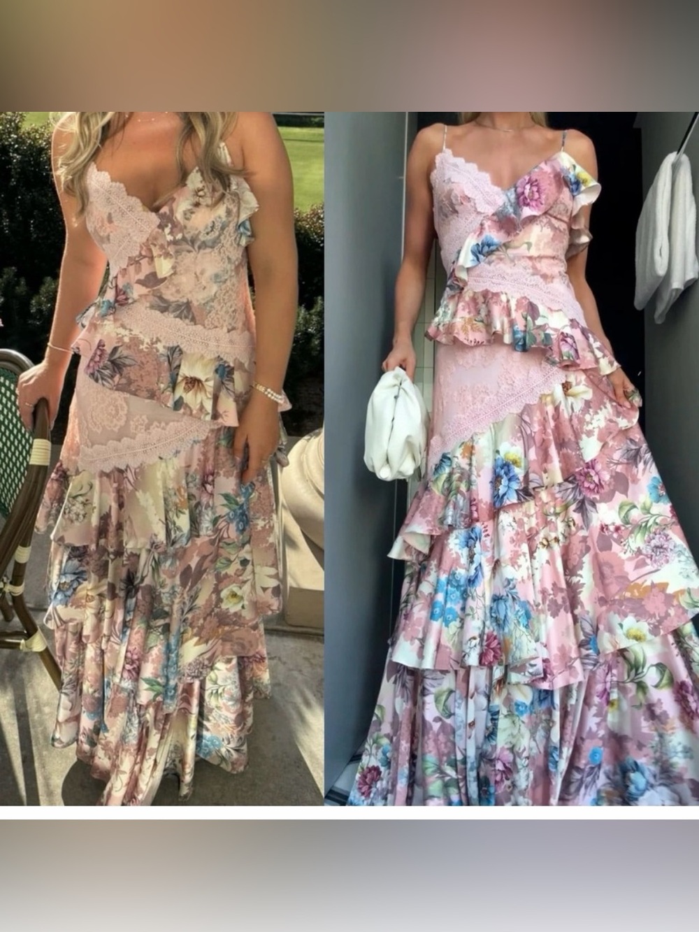 BHLDN Elora Pink Floral Ruffle Lace V Neck Strappy Boho Formal Maxi Dress Gown 4